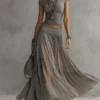 Boho Fringe Lace Shirred Womens Grey Two Piece Maxi Skirt Set