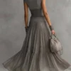 Boho Fringe Lace Shirred Womens Grey Two Piece Maxi Skirt Set