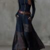 Boho Cotton Blend Spliced Womens High Waist Long Sleeve Maxi Dress
