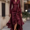 Timeless Stretch Polyester Ruffled Hem Womens V Neck Maxi Dress