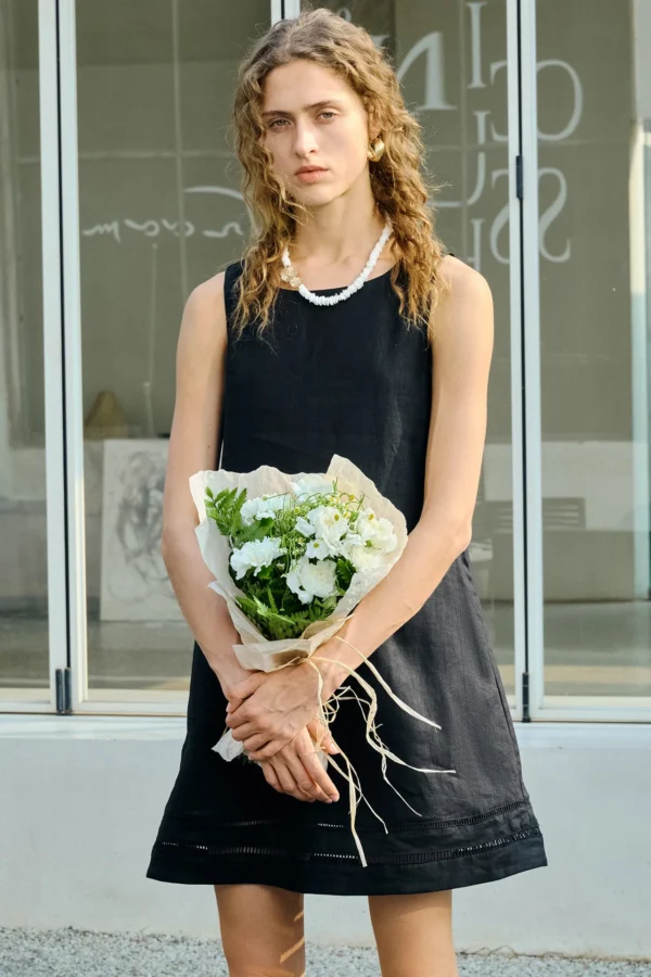 Minimalist Scalloped Edge Linen Blend Womens Sleeveless Midi Dress