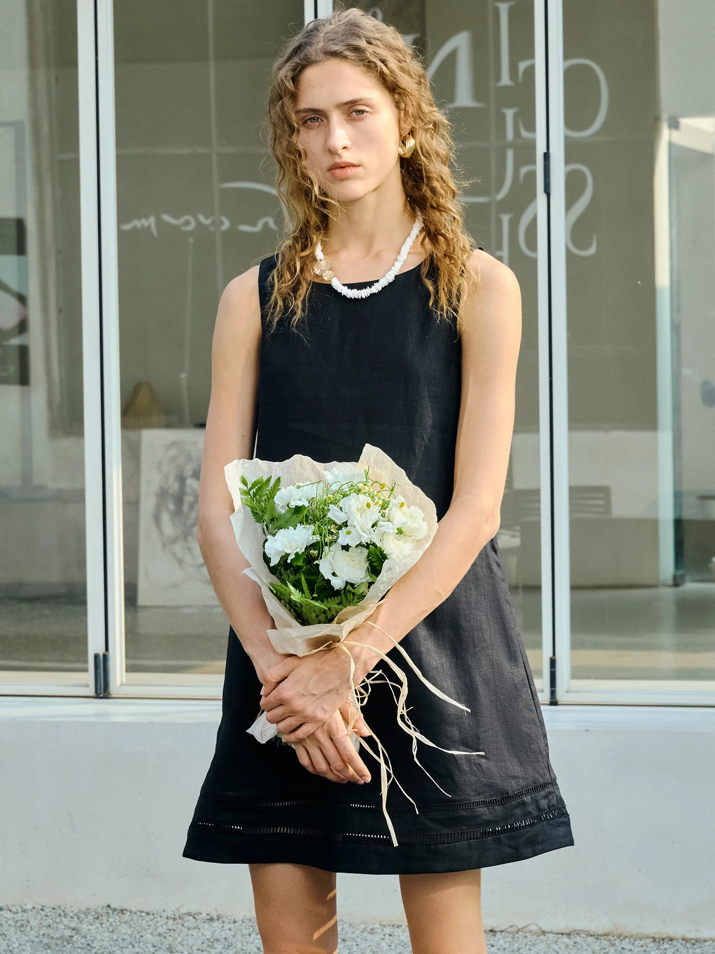 Minimalist Scalloped Edge Linen Blend Womens Sleeveless Midi Dress