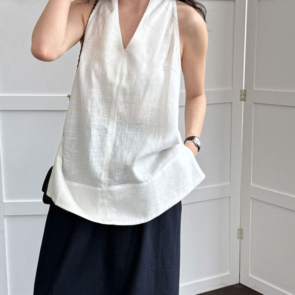 French Riviera Breathable Linen Lyocell Womens Halter V Neck Top