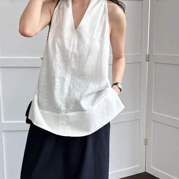 French Riviera Breathable Linen Lyocell Womens Halter V Neck Top
