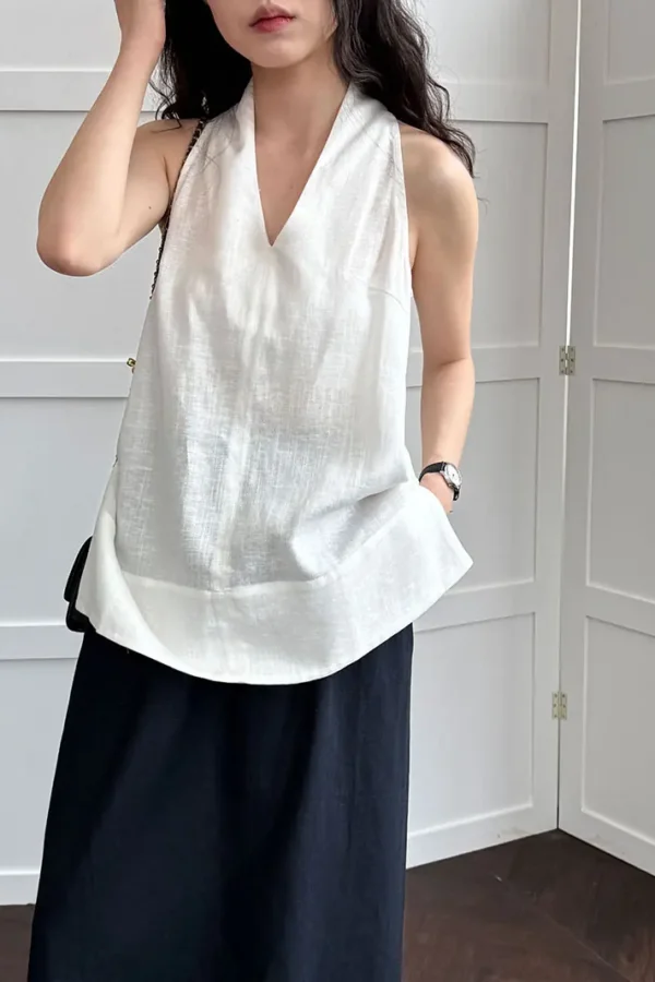French Riviera Breathable Linen Lyocell Womens Halter V Neck Top