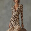 Boho Leopard Print Stretchy Polyester Womens Ruffled Maxi Dress