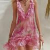 French Riviera Ruffled Floral Stretchy Polyester Womens Mini Dress