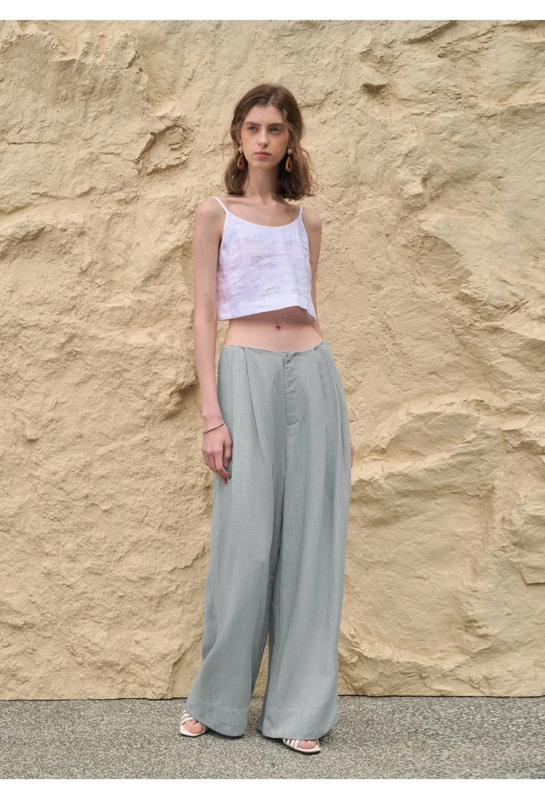Minimalist Breathable Linen Lyocell Womens Wide Leg Trousers