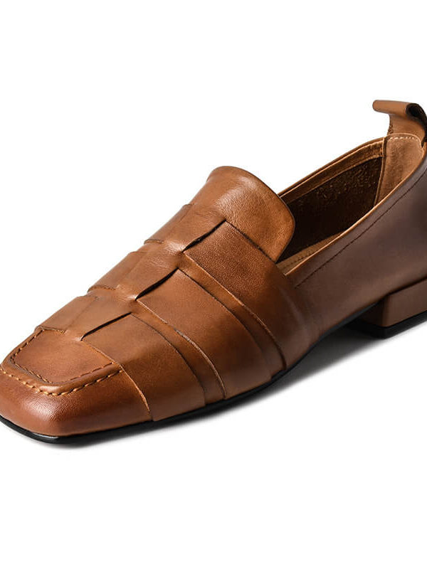 Minimalist Woven Genuine Leather Womens Slip On Loafers