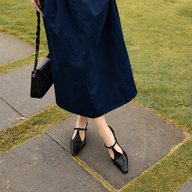 Timeless Genuine Leather Womens Pointed Toe Kitten Heel Mary Janes