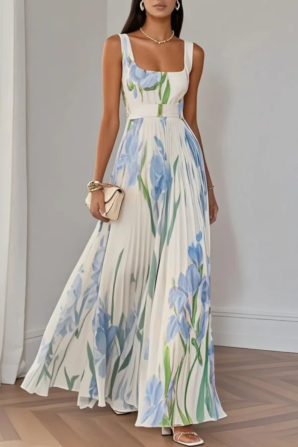 French Riviera Pleated Floral Print Stretch Polyester Womens Maxi Dress