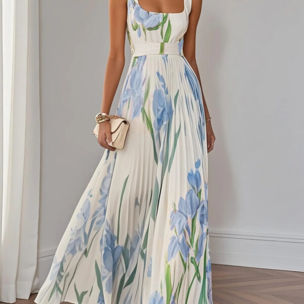 French Riviera Pleated Stretchy Floral Print Womens Maxi Dress
