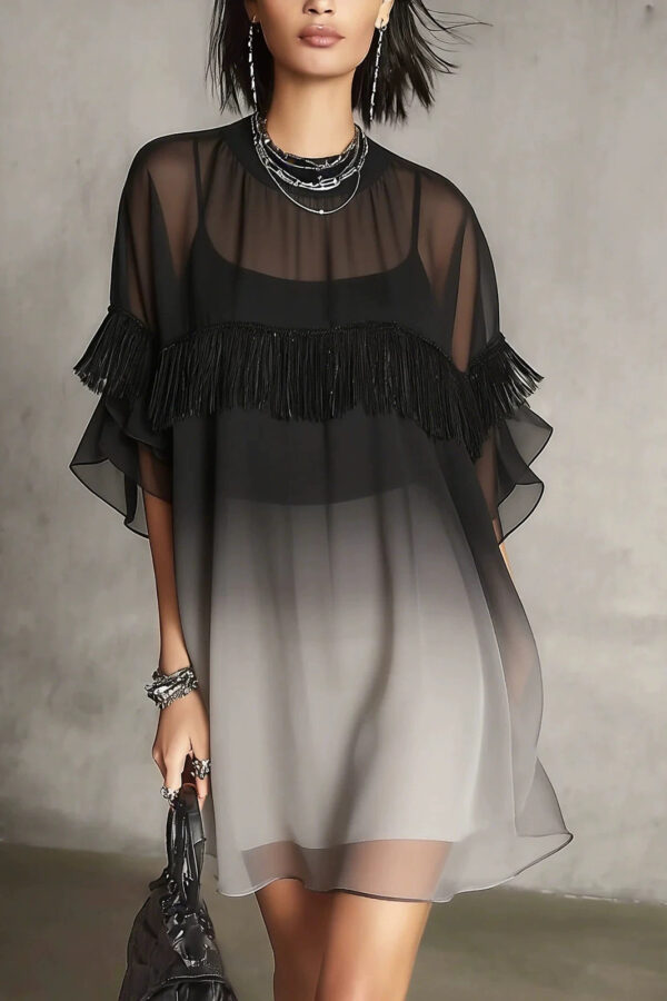 Streetwear Fringed Ombre Sheer Polyester Womens Mini Dress