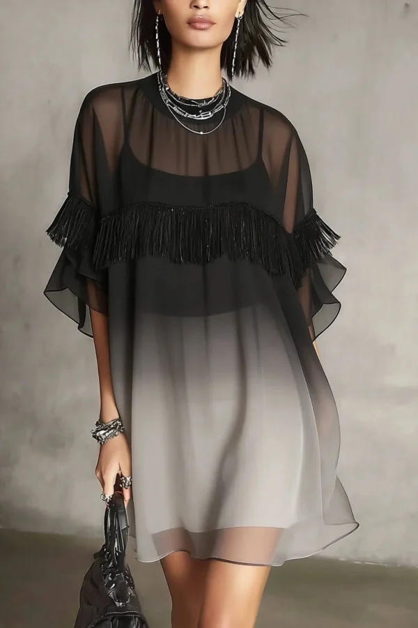 Streetwear Fringed Ombre Sheer Polyester Womens Mini Dress