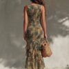 Boho Ruffled Ruched Tropical Print Split Breathable Womens Maxi Dress