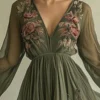Boho 3D Floral Print Sheer Womens Long Sleeve V Neck Maxi Dress