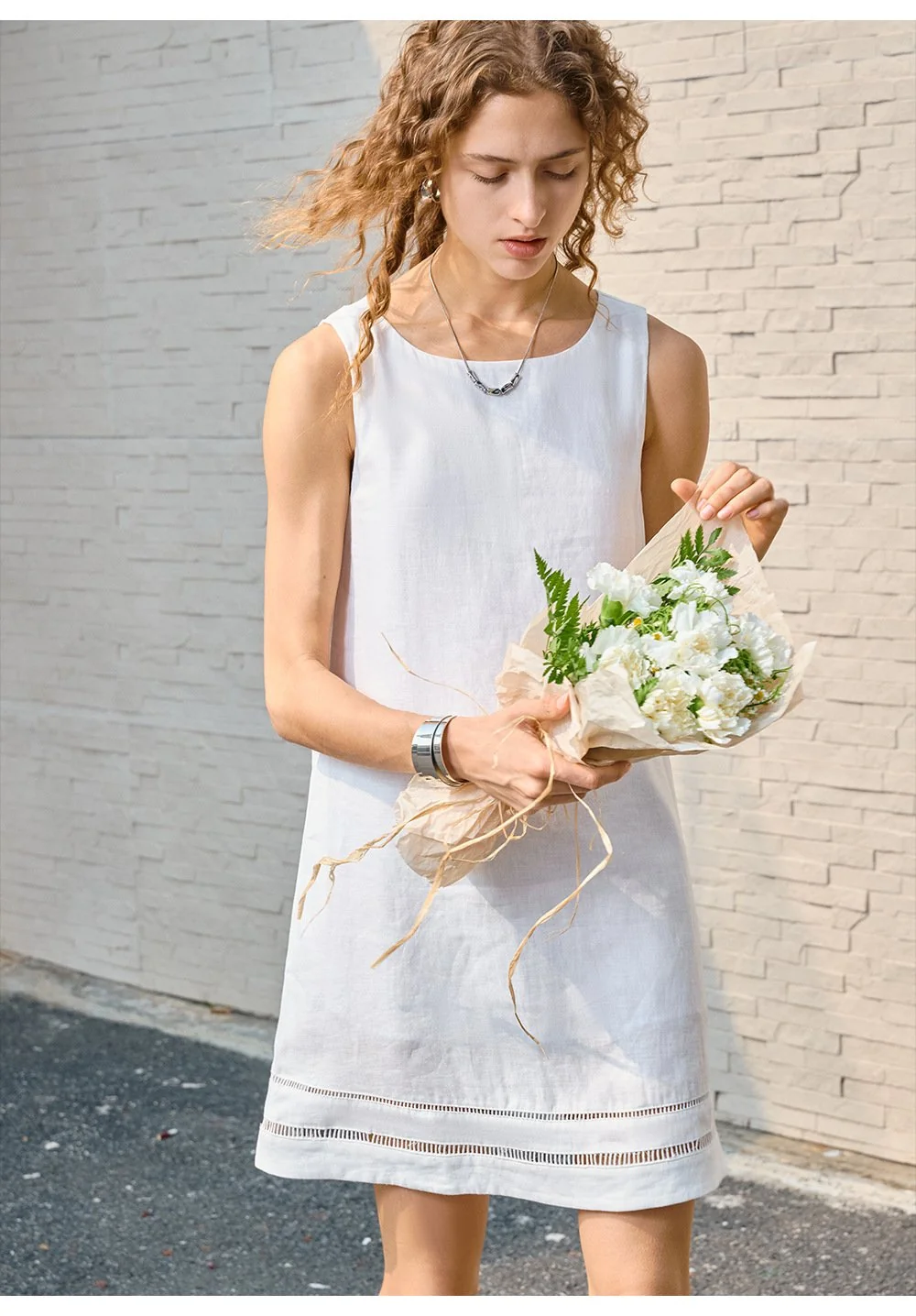 Minimalist Scalloped Edge Linen Blend Womens Sleeveless Midi Dress