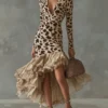 Boho Leopard Print Stretchy Polyester Womens Ruffled Maxi Dress