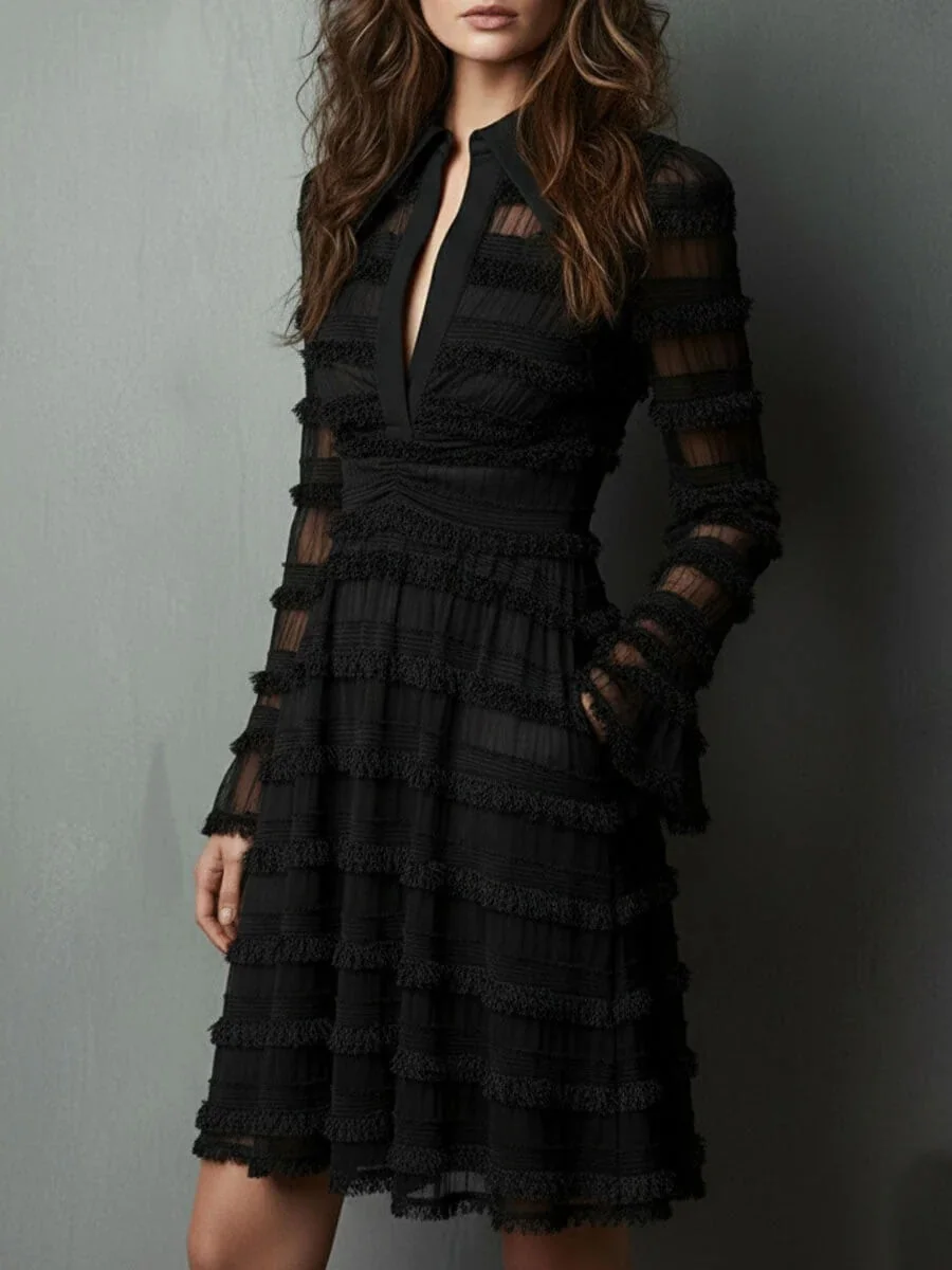 Timeless Sheer Fringed Stretchy Polyester Womens Slim Fit Midi Dress