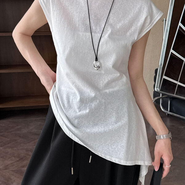 Minimalist Breathable Cotton Blend Womens Asymmetric Hem Cap Sleeve T Shirt