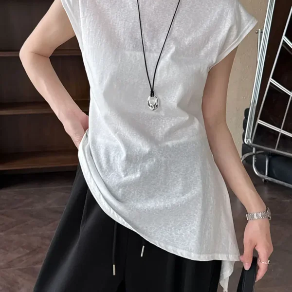 Minimalist Breathable Cotton Blend Womens Asymmetric Hem Cap Sleeve T Shirt