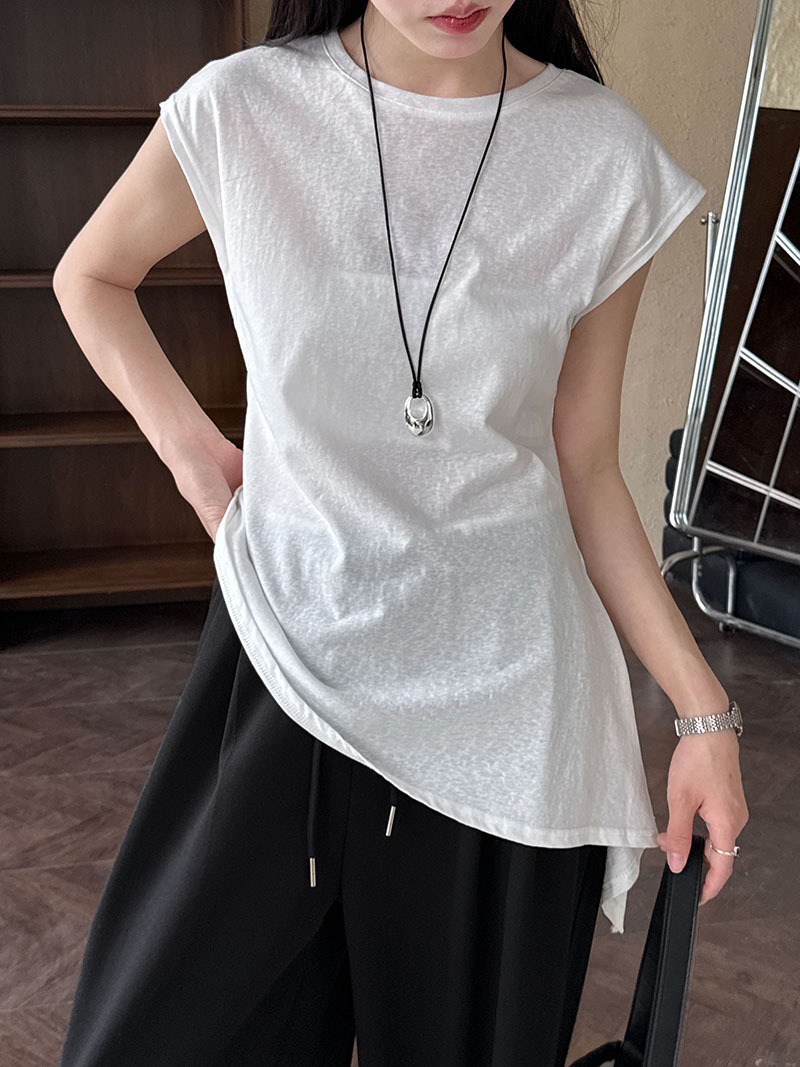 Minimalist Breathable Cotton Blend Womens Asymmetric Hem Cap Sleeve T Shirt