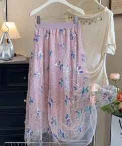 Boho Sequin Embroidered Butterfly Mesh Womens A Line Midi Skirt