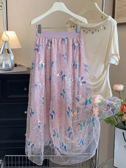 Boho Sequin Embroidered Butterfly Mesh Womens A Line Midi Skirt