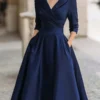 Elegant Timeless Stretch Polyester Womens Lapel High Waist Midi Dress
