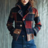 Timeless Warm Laminated Plaid Womens Stand Collar Blazer