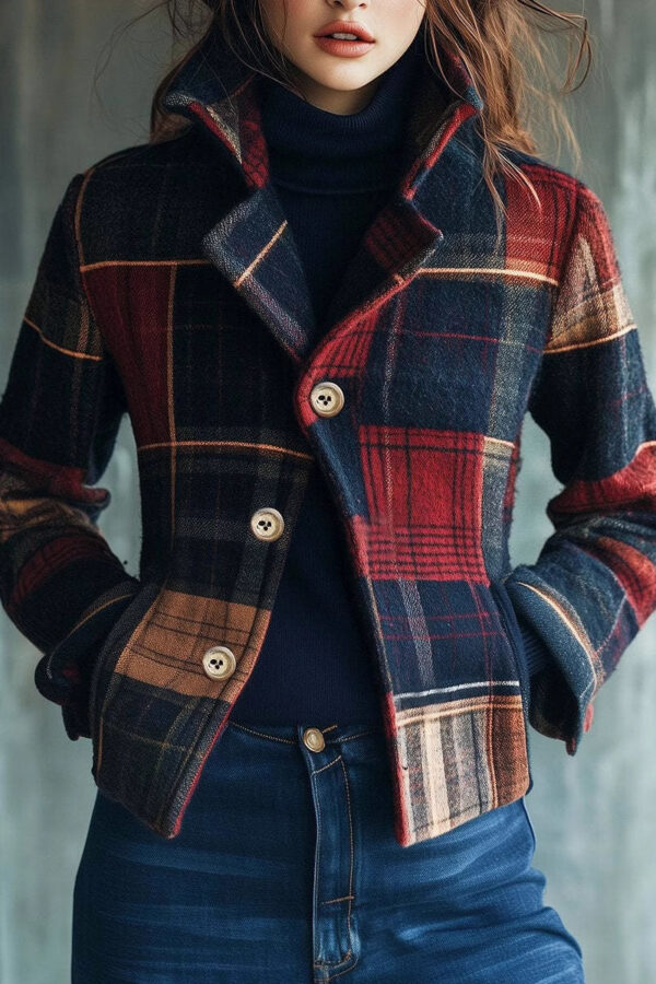 Timeless Warm Laminated Plaid Womens Stand Collar Blazer