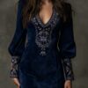 Boho Embroidery Stretch Polyester Womens Long Sleeve Mini Dress