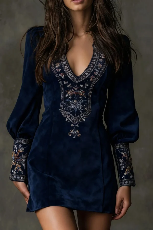 Boho Embroidery Stretch Polyester Womens Long Sleeve Mini Dress