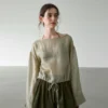 Minimalist Breathable Ramie Sheer Womens Long Sleeve Drawstring Top