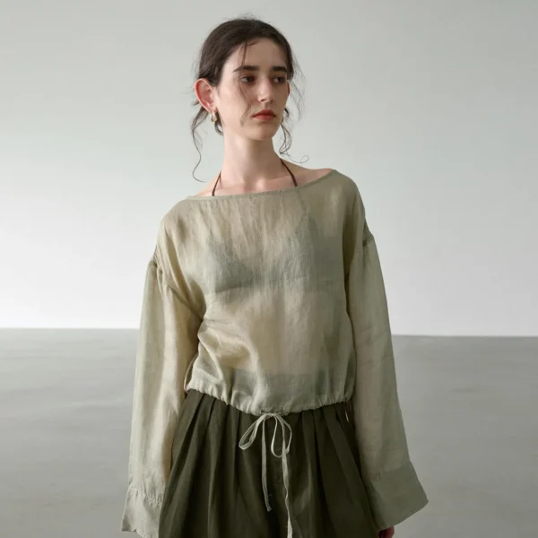 Minimalist Breathable Ramie Sheer Womens Long Sleeve Drawstring Top