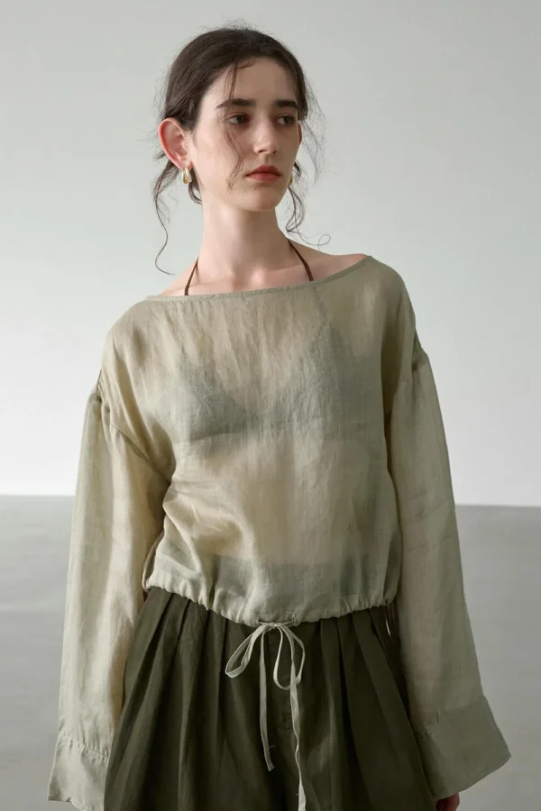 Minimalist Breathable Ramie Sheer Womens Long Sleeve Drawstring Top