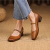 Timeless Washed Leather Womens Square Toe Block Heel Mary Janes
