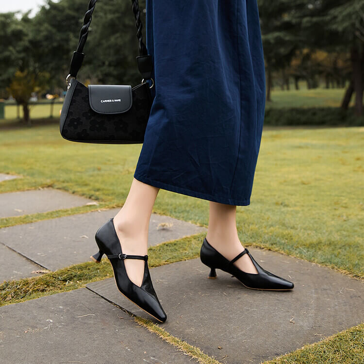 Timeless Genuine Leather Womens Pointed Toe Kitten Heel Mary Janes