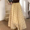 Elegant Breathable Crinkled Plaid Polyester Blend Womens Maxi Skirt