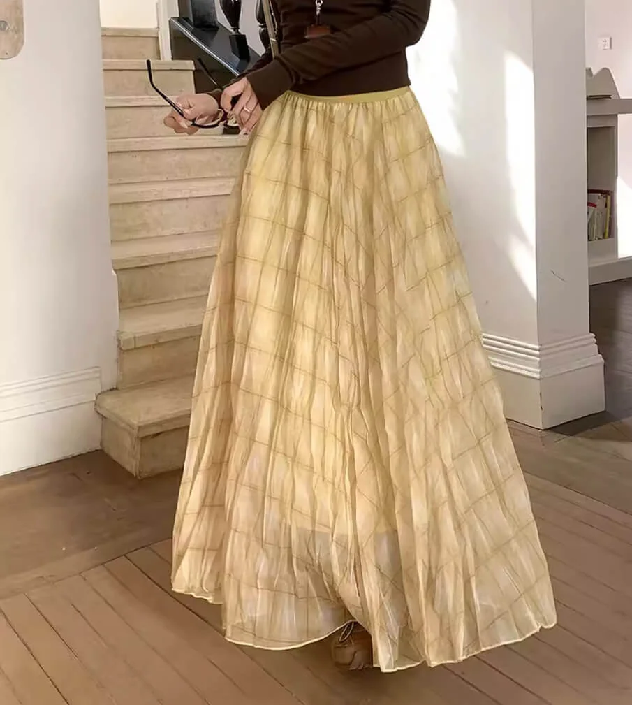 Elegant Breathable Crinkled Plaid Polyester Blend Womens Maxi Skirt