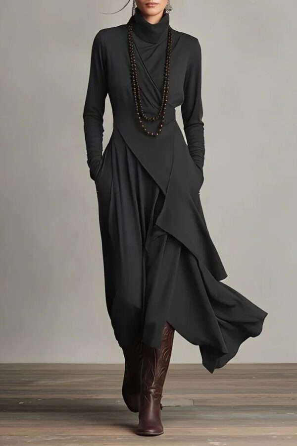 Timeless Stretchy Polyester Womens Turtleneck Irregular Hem Maxi Dress