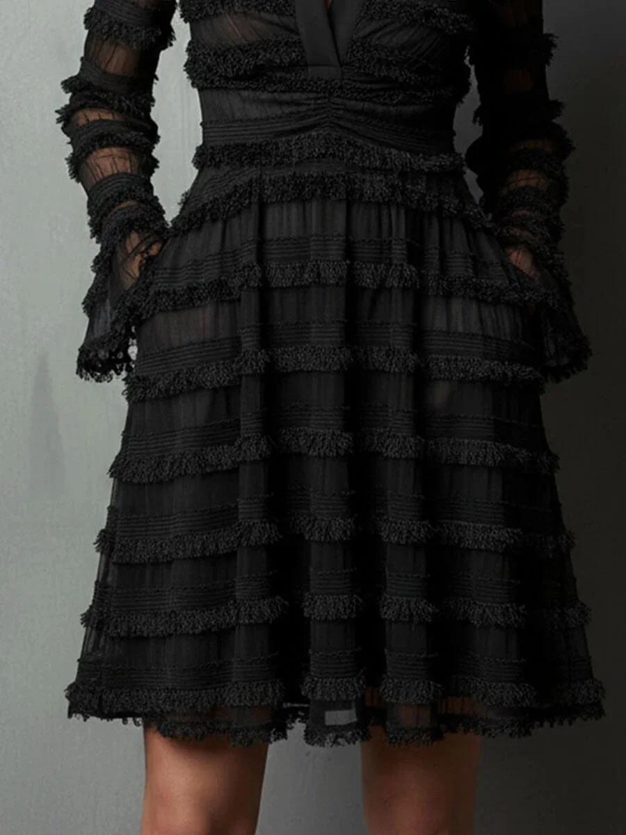 Timeless Sheer Fringed Stretchy Polyester Womens Slim Fit Midi Dress