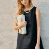 Minimalist Scalloped Edge Linen Blend Womens Sleeveless Midi Dress