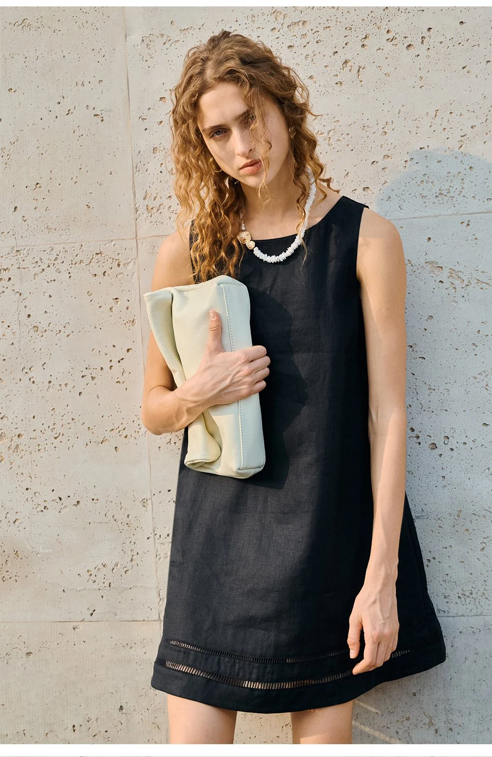 Minimalist Scalloped Edge Linen Blend Womens Sleeveless Midi Dress