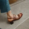 Minimalist Cowhide Womens Square Toe Buckle Block Heel Sandals