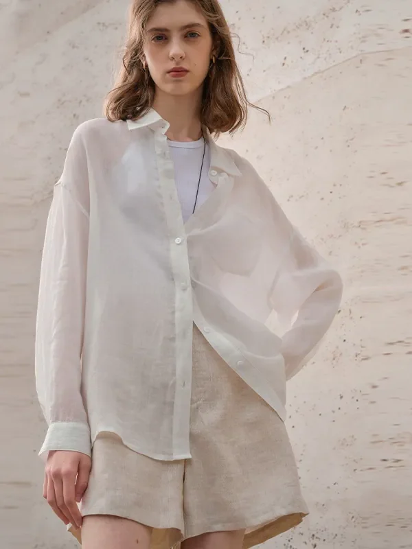 Minimalist Breathable Sheer Ramie Loose Long Sleeve Shirt