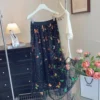 Boho Sequin Embroidered Butterfly Mesh Womens A Line Midi Skirt