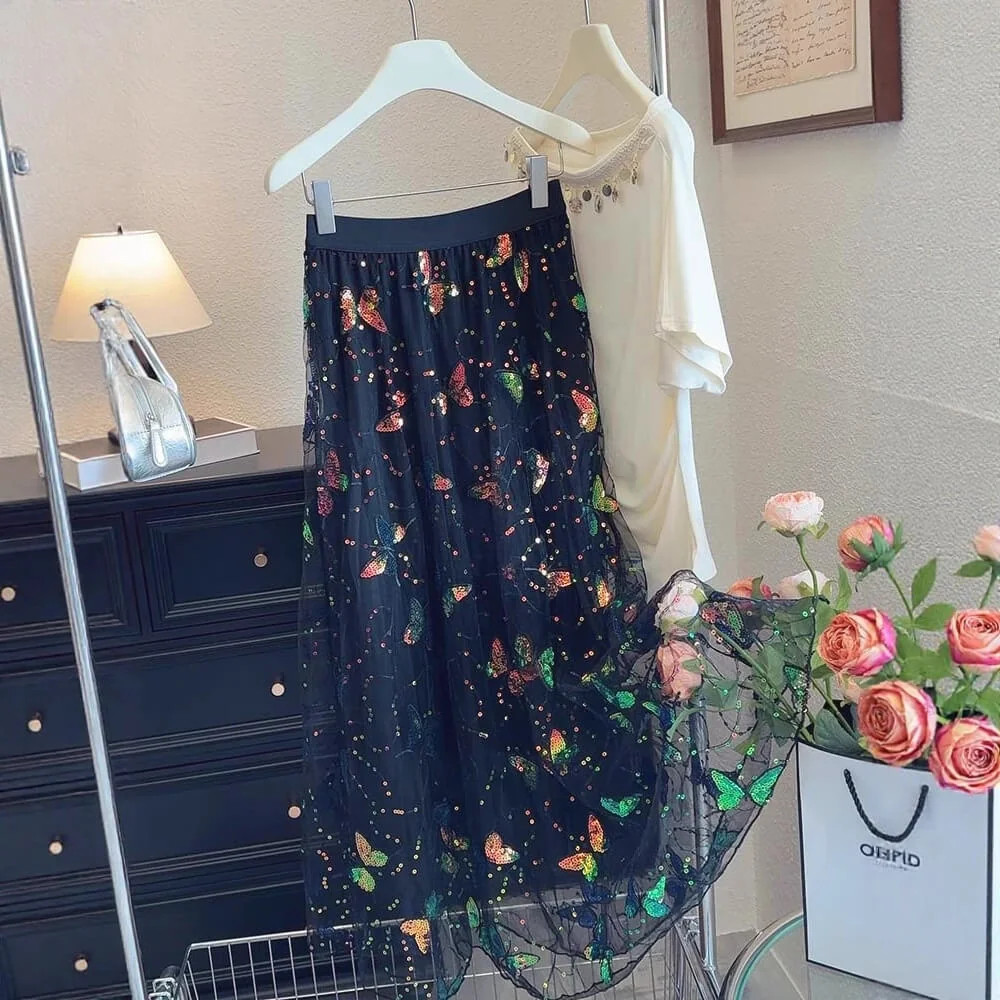 Boho Sequin Embroidered Butterfly Mesh Womens A Line Midi Skirt