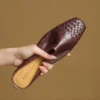 Minimalist Woven Genuine Leather Womens Square Toe Flat Mules