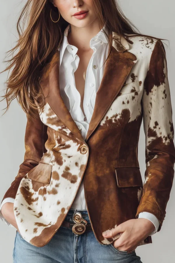Boho Cow Print Polyester Womens Single Breasted Blazer